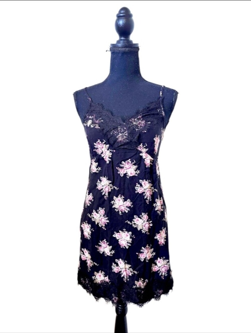 American Eagle Black Floral Lace-Trim Slip Dress XS